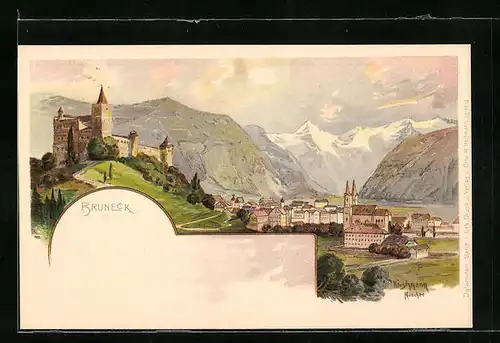 Künstler-AK sign. Hirschmann: Bruneck, Ortsansicht mit Bergpanorama