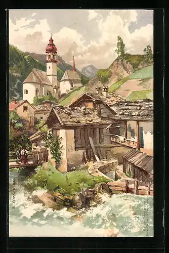 Künstler-AK P. Schmohl: Gossensass, Teilansicht mit Kirche