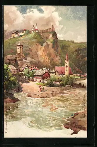 Künstler-AK P. Schmohl: Klausen, Ortsansicht mit Kloster Säben