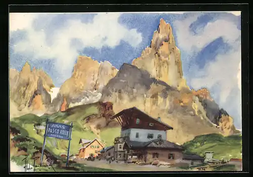 Künstler-AK Aldo Raimondi: Rollepass, Hotel auf der Passhöhe