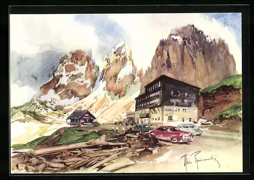Künstler-AK Aldo Raimondi: Sellapass, Hotel Maria Flora gegen Langkofelgruppe