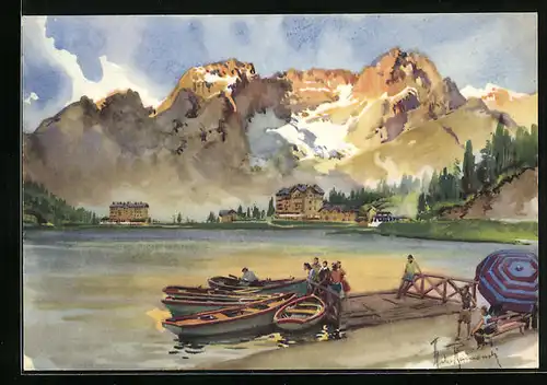 Künstler-AK Aldo Raimondi: Misurinasee, Häuser am See mit Sorapisgruppe