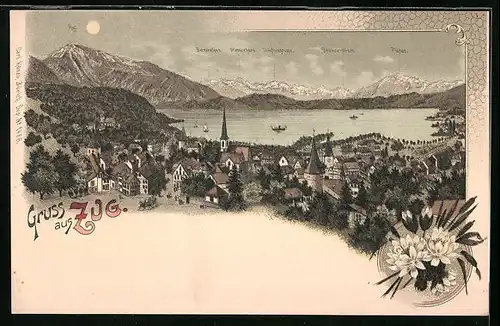 Lithographie Zug, Totalansicht mit den Berner Alpen und der Jungfraugruppe
