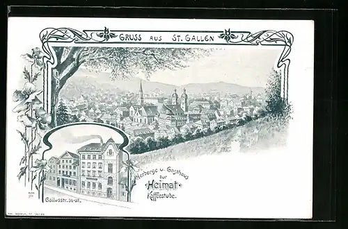 Lithographie St. Gallen, Gasthaus zur Heimat in der Gallusstr. 36-38, Totalansicht