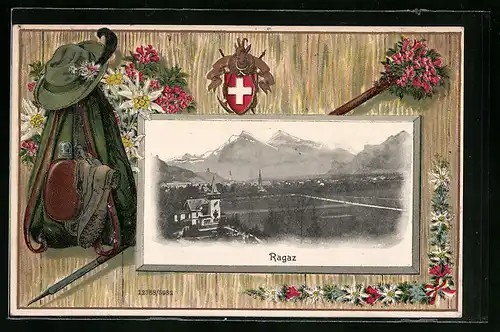 Passepartout-Lithographie Ragaz, Totalansicht aus weiter Ferne