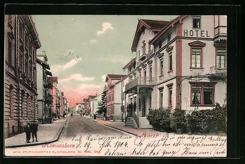 AK Romanshorn, Strassenpartie mit Hotel Bodan