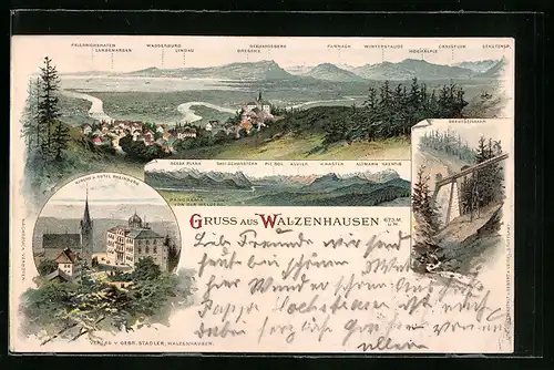 Lithographie Walzenhausen, Kirche und Hotel Rheinburg, Drahtseilbahn, Totalansicht mit Rhein und Bodensee