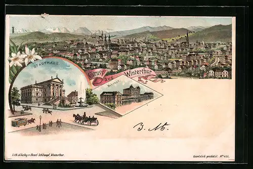 Lithographie Winterthur, Stadthaus, Bahnhof, Totalansicht