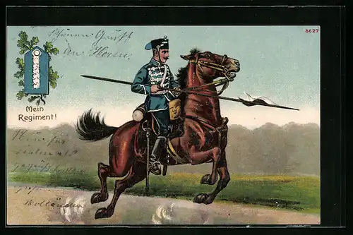 Präge-AK Soldat eines Husaren-Regiments im Sturmangriff auf seinem Pferd