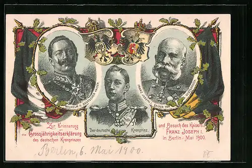 Lithographie Portraits von Kaiser Franz Josef I. von Österreich und Kaiser Friedrich Wilhelm II., Zweibund
