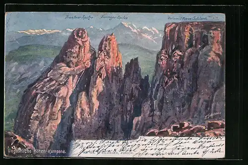 Künstler-AK Ernst Schlemo, Killinger Nr. 184: Ungastliche Höhen-Kumpane, Berg mit Gesicht / Berggesichter