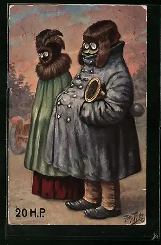 Künstler-AK Arthur Thiele: Paar mit Gasmasken und Hupe