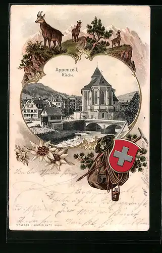 Präge-AK Appenzell, Kirche, Gämse in den Bergen, Passepartout