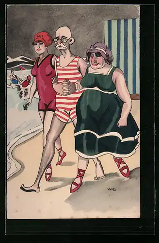 Künstler-AK sign. W. Zabczinsky: Badegäste in Bademode