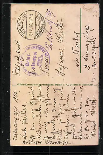 Künstler-AK Mein Regiment, Soldat in Uniform mit Pickelhaube, Inf.-Reg. 1