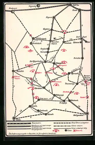 AK Landkarte des Glocknergebietes mit Streckenführung der österreichischen Eisenbahn, Strassen und Wanderwegen