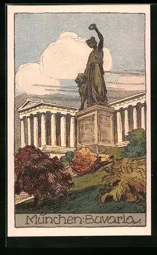 Steindruck-AK München, Bavaria und Ruhmeshalle
