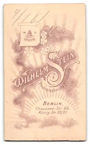 Fotografie Wilhelm Stein, Berlin, Chaussee-Strasse 66, König-Strasse 20-21, Junger Herr im Anzug mit Fliege