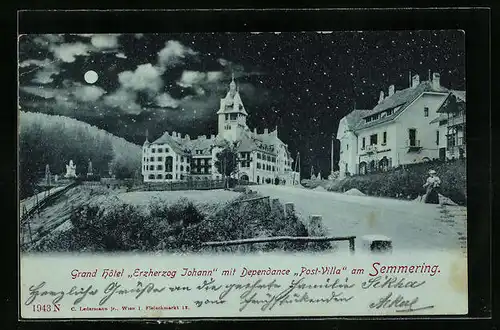 Mondschein-AK Semmering, Grand Hotel Erzherzog Johann mit Dependance Post-Villa