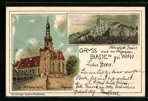 Lithographie Baden, Die Pfarrkirche bei Mondschein, Ruine Rauhenstein