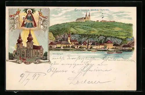 Lithographie Marbach, Teilansicht mit Maria Taferl, Kirche und Gnadenbild
