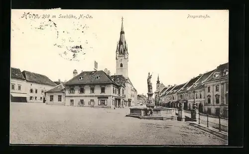 AK Horn, Pragerstrasse mit Kirche und Brunnen