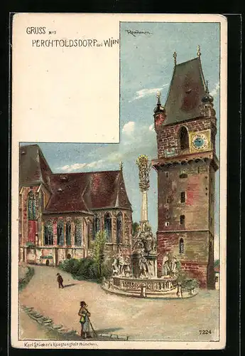 Künstler-Lithographie Perchtoldsdorf b. Wien, Ortspartie an der Kirche