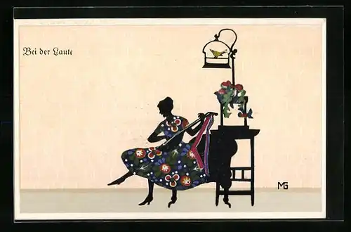 Künstler-AK Marte Graf: Bei der Laute als Scherenschnitt