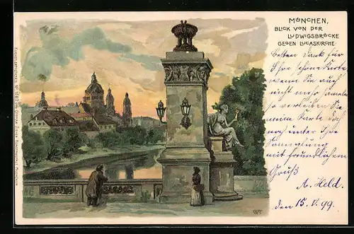 Künstler-AK Gottfried Graf: München, Blick von der Ludwigsbrücke gegen Lucaskirche