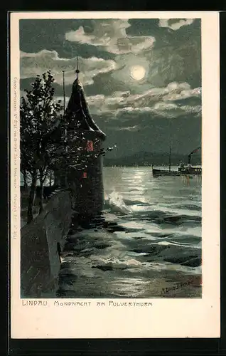 Künstler-AK Zeno Diemer: Lindau, Mondnacht am Pulverturm