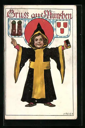 Künstler-AK P. O. Engelhard (P.O.E.): Gruss aus München mit Münchner Kindl