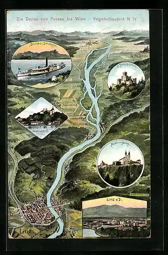 Künstler-AK Eugen Felle: Linz, Die Donau von Passau bis Wien, Vogelschaubild N. IV