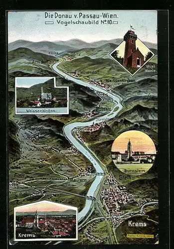 Künstler-AK Eugen Felle: Weissenkirchen, Die Donau von Passau bis Wien, Vogelschaubild N. 10