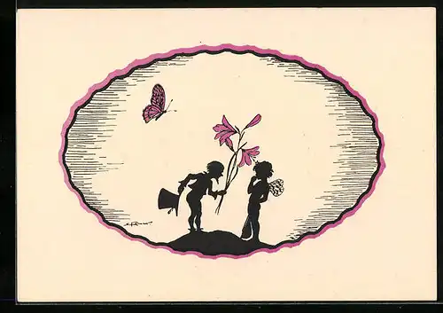 Künstler-AK Elsbeth Forck: Zwerg beschenkt Elfe mit Blumen, Schattenbild