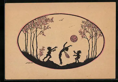 Künstler-AK Elsbeth Forck: Elfe und Zwerge spielen Ball, Schattenbild