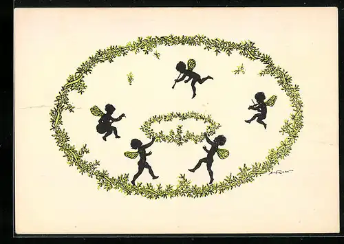 Künstler-AK Elsbeth Forck: Elfen spielen Instrumente, Schattenbild