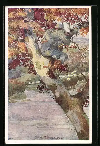 AK Rotes Kreuz Nr. 350: Franz Pogatsch erklettert Baum und beobachtet eine versteckte feindl. Batterie