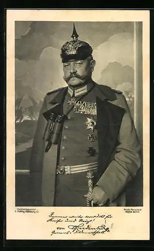 AK Paul von Hindenburg in Uniform mit Pickelhaube und Abzeichen