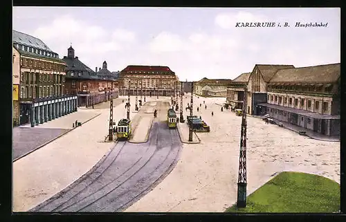 AK Karlsruhe, Hauptbahnhof und Strassenbahnen