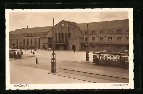 AK Karlsruhe, Hauptbahnhof mit Strassenbahnen