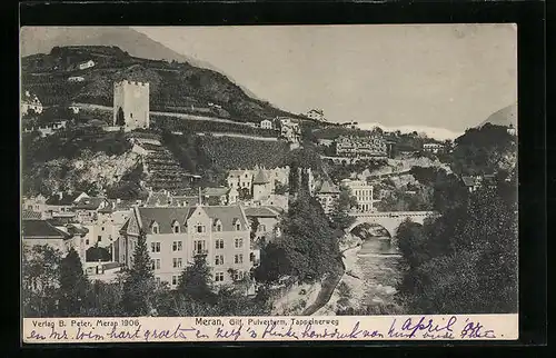 AK Meran, Ortspartie mit Pulverturm und Tappeinerweg