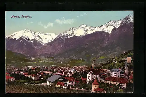 AK Meran, Ortsansicht gegen Alpen