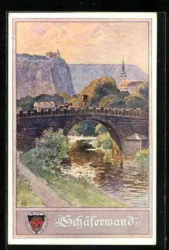 AK Deutscher Schulverein Nr. 230: Flusspartie mit Brücke, Schäferwand