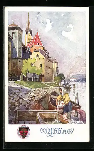 AK Deutscher Schulverein Nr.: 282, Flusspartie mit Wäscherin, Ybbs