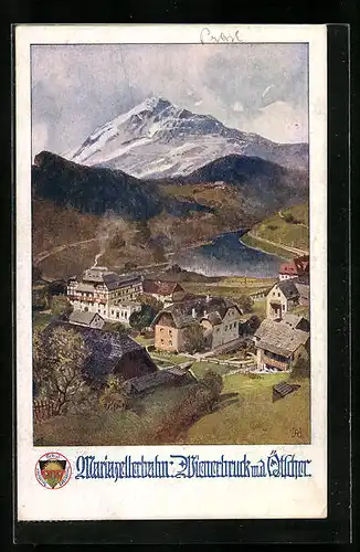 AK Deutscher Schulverein Nr.: 651, Ortspartie mit Fluss und Bergen