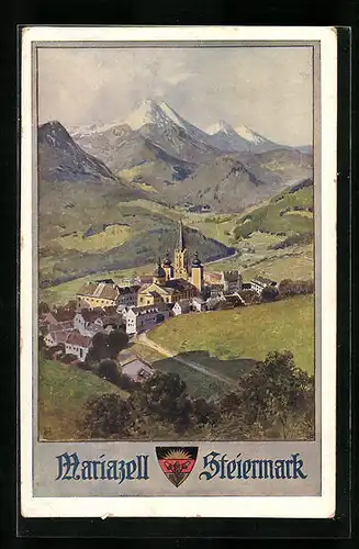 AK Deutscher Schulverein Nr.: 552, Mariazell, Ortsansicht gegen Alpen