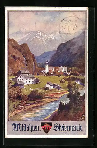 AK Deutscher Schulverein Nr.: 553, Flusspartie mit Ortschaft und Alpen