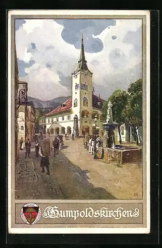 AK Deutscher Schulverein Nr.: 212, Ortspartie mit Kirche und Brunnen