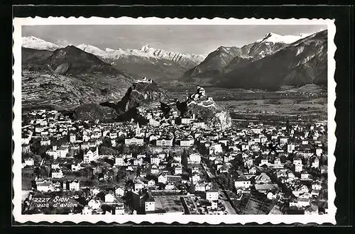 AK Sion, Fliegeraufnahme des Ortes mit Alpen