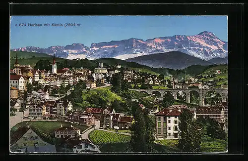 AK Herisau, Ortsansicht mit Viadukt und Säntis